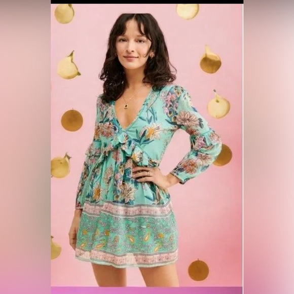 Raga Botanic Enchantment Floral Metallic Turquoise Open Back Mini Dress, Size L - Picture 1 of 2